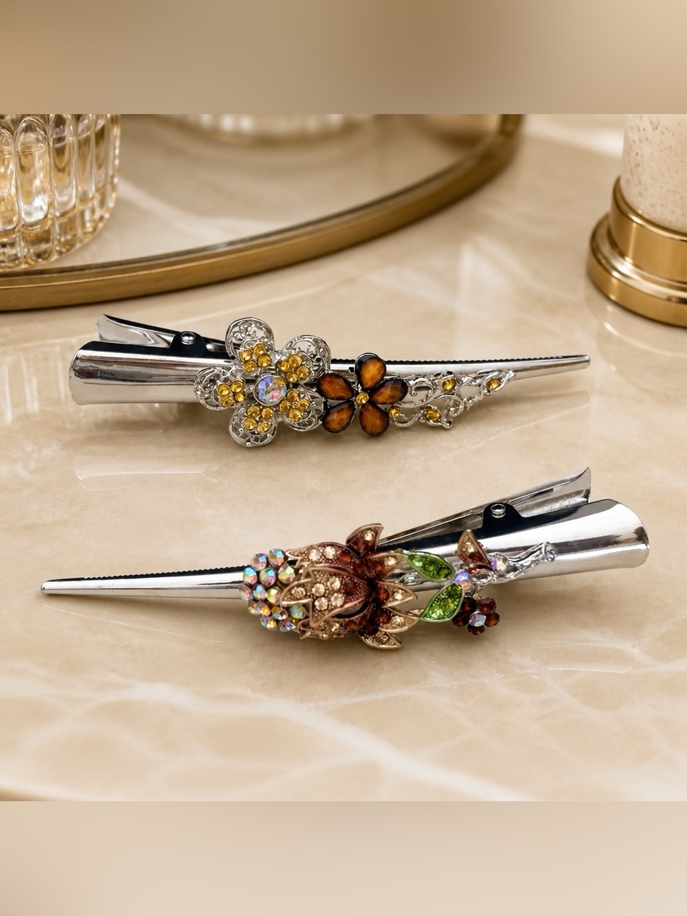 2 Decorative Floral Silver-tone Hair Clamps Dark & Light Amber Crystals
